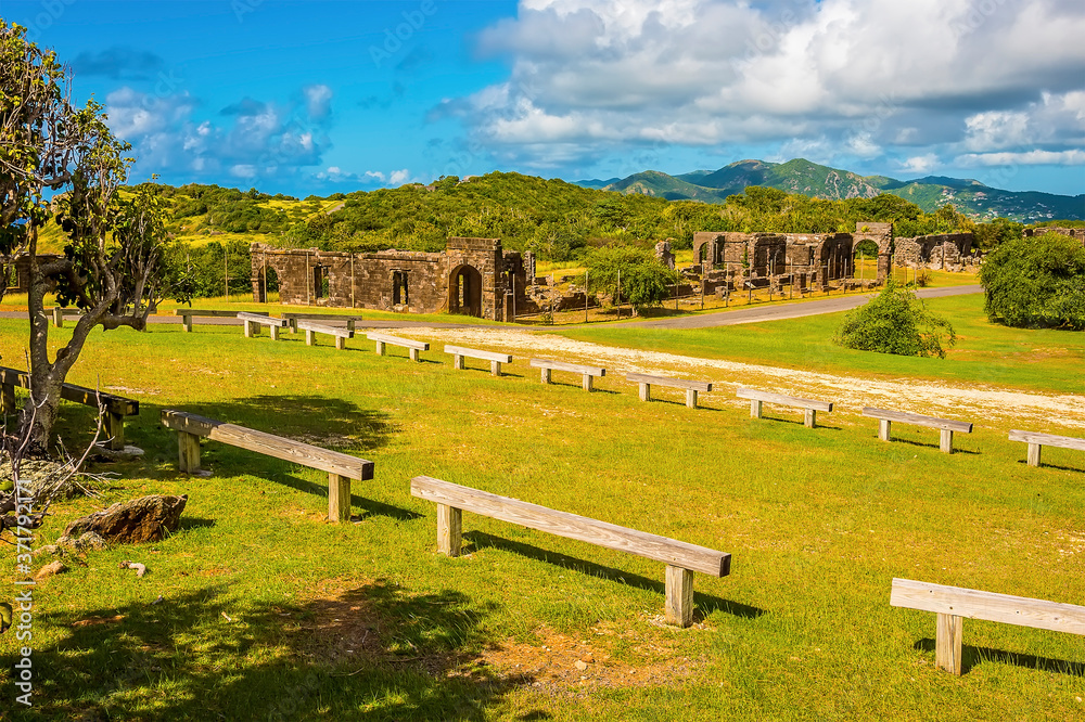 A view across the fortress ruins at the Blockhouse viewpoint in Antigua