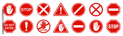 Set stop red sign icon with white hand, do not enter. Warning stop sign - stock vector photo
