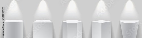 Set realistic cubes museum podium. Spotlight illuminates geometric gallery blank stands. Pedestal and platform, stand stage, cylinder. Empty stages and podium stairs 3d template - stock vector