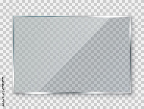 Glass plate on transparent background, clear glass showcase, realistic window mockup, acrylic and glass texture with glares and light, realistic transparent glass window in rectangle frame vector