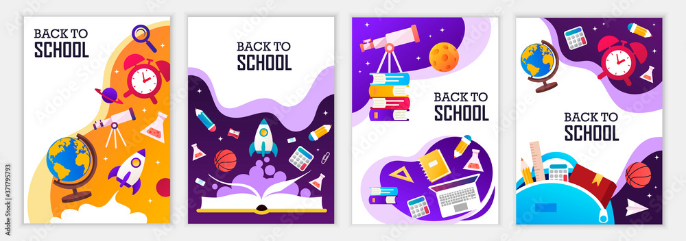 Back to school banners. Set of colorful templates for banners, posters, flyers, covers, invitations, brochures. Vector cartoon illustration. Back to school design. 