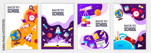 Back to school banners. Set of colorful templates for banners, posters, flyers, covers, invitations, brochures. Vector cartoon illustration. Back to school design. 