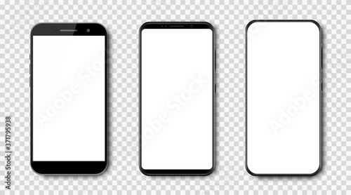 Set high quality realistic trendy different black models smartphone with white empty touch screen, evolution of smartphones. Detailed mockup smartphone, model mobile - stock vector