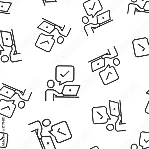 People with laptop computer icon in flat style. Pc user check mark vector illustration on white isolated background. Office manager seamless pattern business concept.