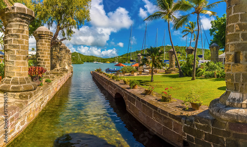 A panorama view across a causeway in the English Harbour in Antigua photo