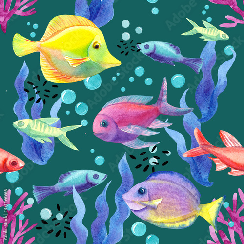 underwater life pattern, watercolor fishes pattern design, dark turquoise background, ocean elements