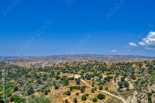 Valley in the Troodos Mountains, Cyprus. View of the valley from a mountain road on a hot sunny day.
