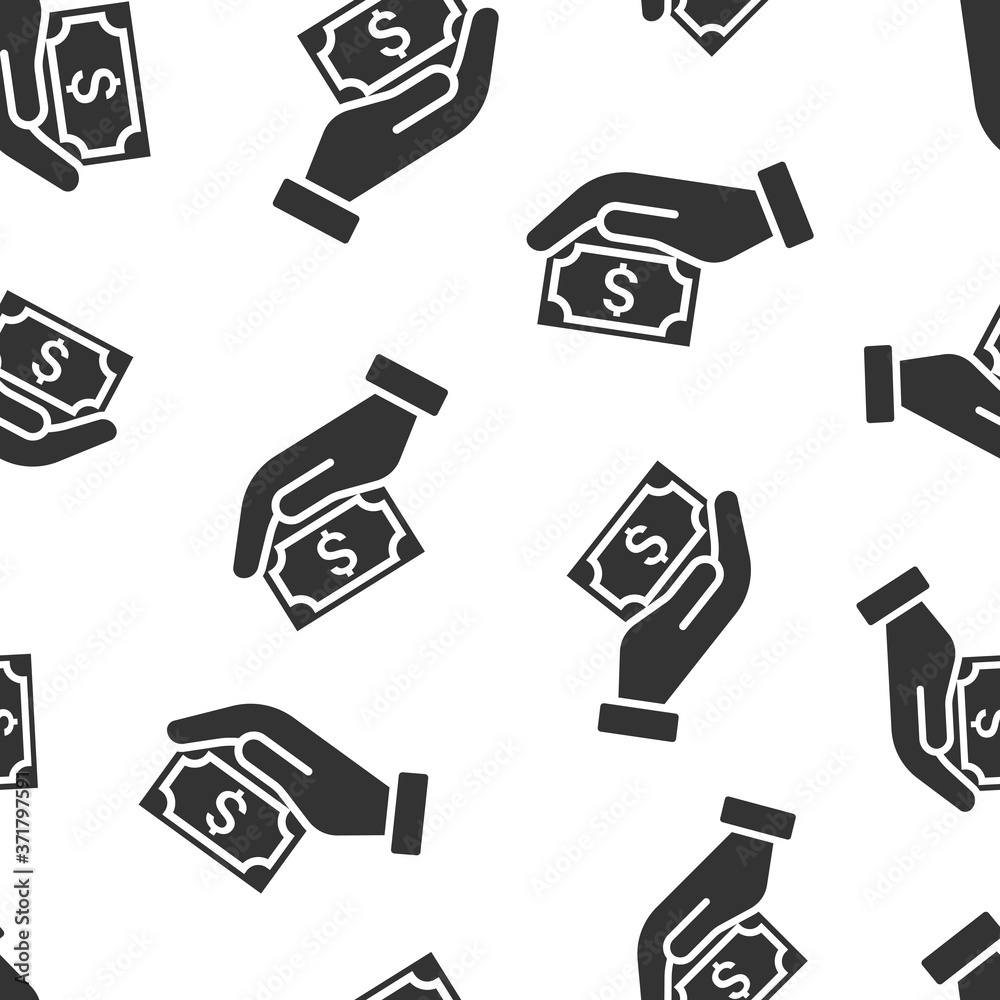 Remuneration icon in flat style. Money in hand vector illustration on white isolated background. Banknote payroll seamless pattern business concept. Remuneration icon in flat style. Money in hand vector illustration on white isolated background. Banknote payroll seamless pattern business concept.