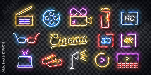 Vector set of realistic isolated neon sign of Cinema logo for template decoration and invitation covering on the transparent background.
