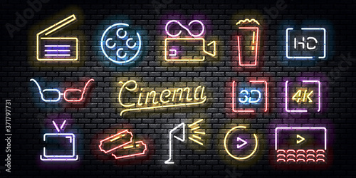 Vector set of realistic isolated neon sign of Cinema logo for template decoration and invitation covering on the wall background.

