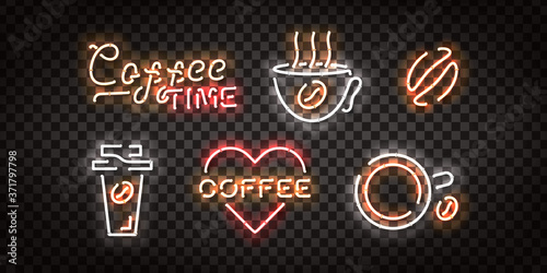 Vector set of realistic isolated neon sign of Coffee logo for template decoration and covering on the transparent background. Concept of cafe and coffee shop. 