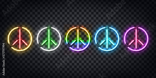 Vector set of realistic isolated neon sign of Peace logo for decoration and covering on the transparent background. Concept of Happy International Peace Day.