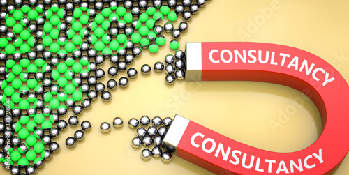 Consultancy attracts success - pictured as word Consultancy on a magnet to symbolize that Consultancy can cause or contribute to achieving success in work and life, 3d illustration