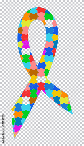 Autism awareness ribbon. Colorful puzzle pattern. Vector illustration. Isolated on a white background.