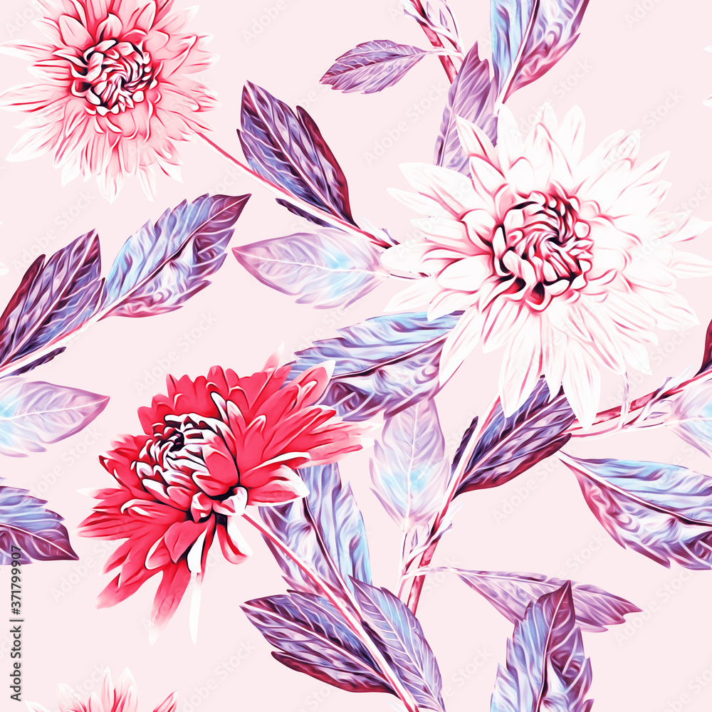 Fototapeta Dahlia flowers seamless pattern, watercolor illustration.