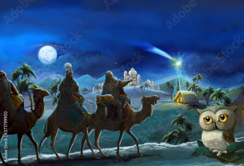 cartoon illustration of the holy family and three kings and owl - illustration