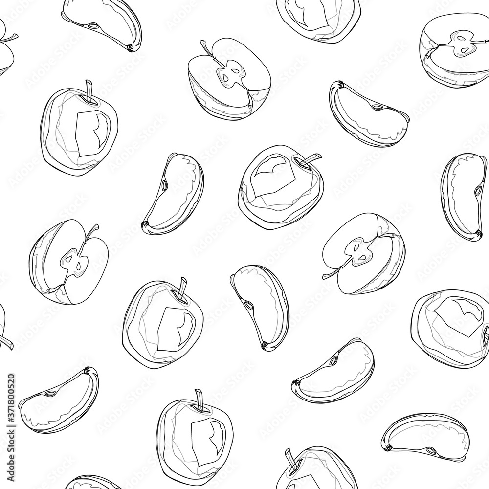 Seamless pattern of outline apples. Apple background. Hand drawing. Vector illustration. White