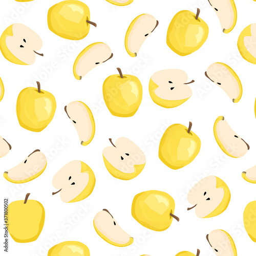 Seamless pattern of yellow apples. Apple background. Set of whole yellow apple  half an apple and a slice of apple. Hand drawing. Vector illustration. White background.