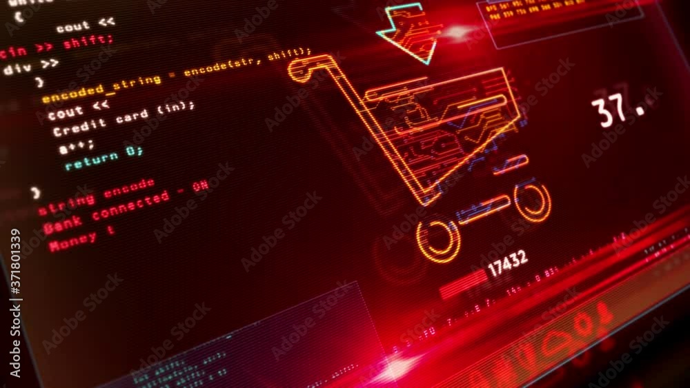 Online shopping with cart symbol on computer screen. Cyber business, digital buying, ecommerce, mobile retail, buy and sell concept 3d animation with glitch effect.