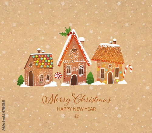 Greeting christmas card with cute gingerbread houses