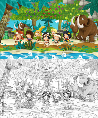 cartoon sketch scene with prehistoric people traveling near the river