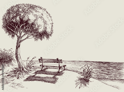 Sea view from a bench in the garden hand drawing
