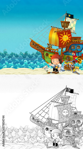 Cartoon sketch scene of beach near the sea or ocean - pirate captain
