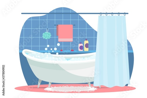 Bathroom home inerior design. Inside modern cozy flat, retro decor. Cute room with bath full of foam and water. House background, wallpaper, illustration vector