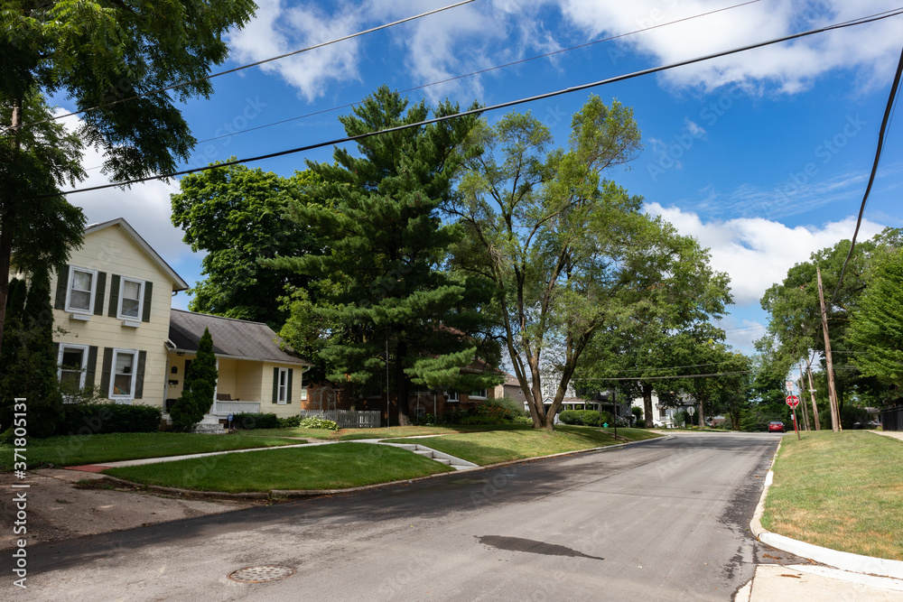 Midwest Neighborhood Street with Old Homes and Green Trees during the Summer in Lemont Illinois