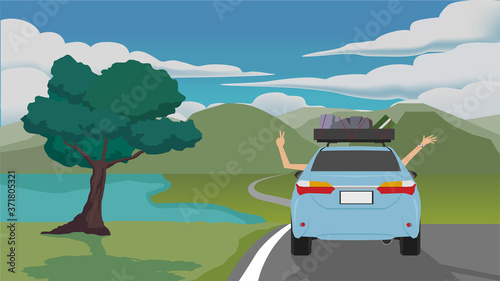 Personal cars have a person waving and raising two fingers. A day trip to the natural areas on the rubber road.
