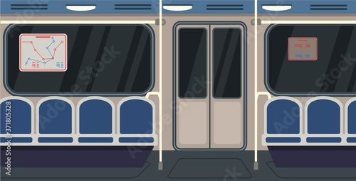 Modern underground train interior design. Inside empty metro cabin on commute. City public transport, travelling subway with seats and map vector illustration