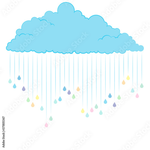 Rain cloud with falling multicolored drops. Vector