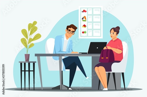 Nutritionist consults woman patient in office. Doctor makes meal plan or diet