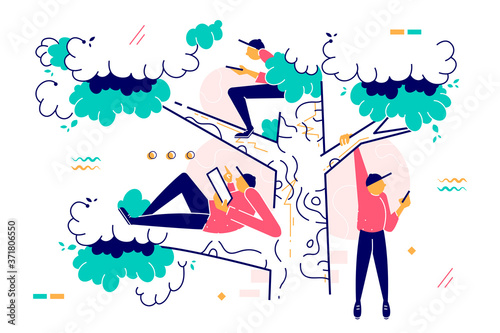 Men sitting on tree using modern device.