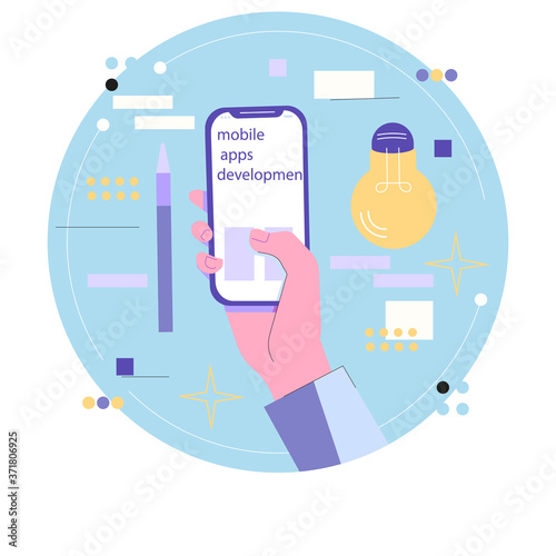Development of mobile applications or applications for smartphones. hand with the phone.