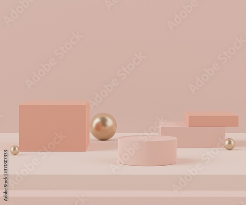 3d Abstract background of empty podium display for products and cosmetic presentation and mock up. Pink coral color pedestal or showcase with minimal geometry shapes. Colorful scene.