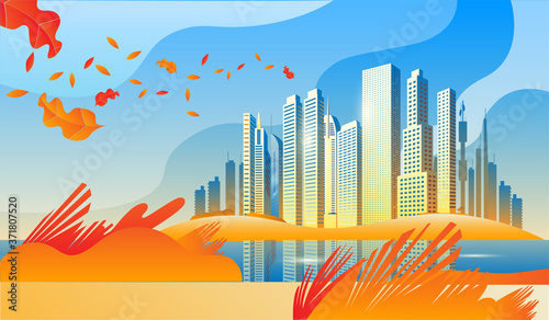 Modern skyscrapers on the river Bank. Horizontal vector illustration on the theme of autumn in the city.