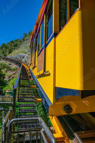 Aerial view of landscape is castles covered with train at the top of Bana Hills, the famous tourist destination of Da Nang, Vietnam. Near Golden bridge. photo
