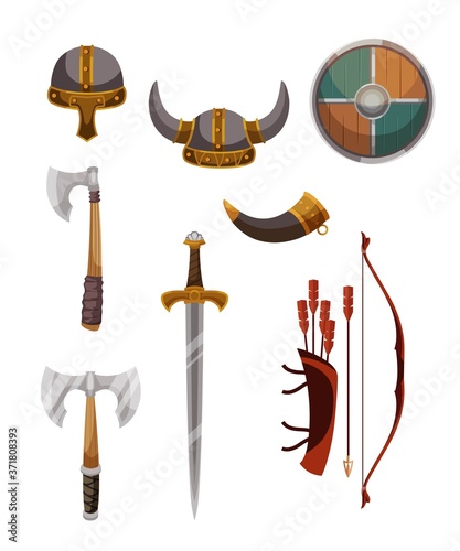 Viking weapons and armor set of design elements isolated
