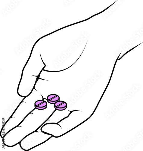 A hand holding out three pink pills / tablets.