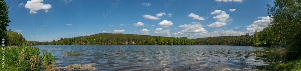 Fototapeta premium panorama river bay with forest on hillside shore white clouds on