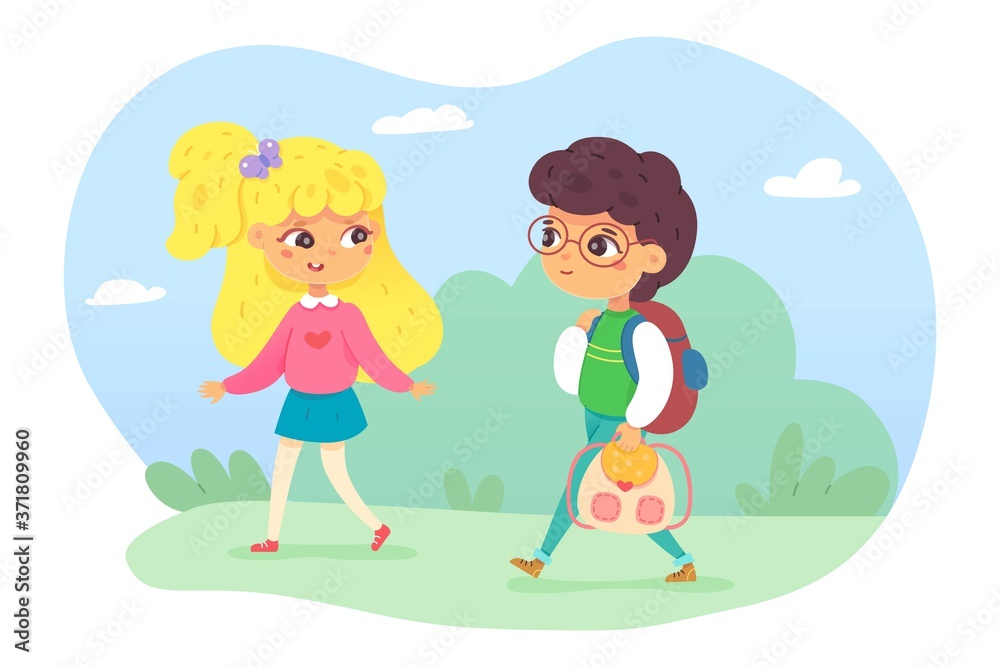 Cute schoolchildren go to school. Boy helping girl and carries her schoolbag Cute schoolchildren go to school. Boy helping girl and carries her schoolbag