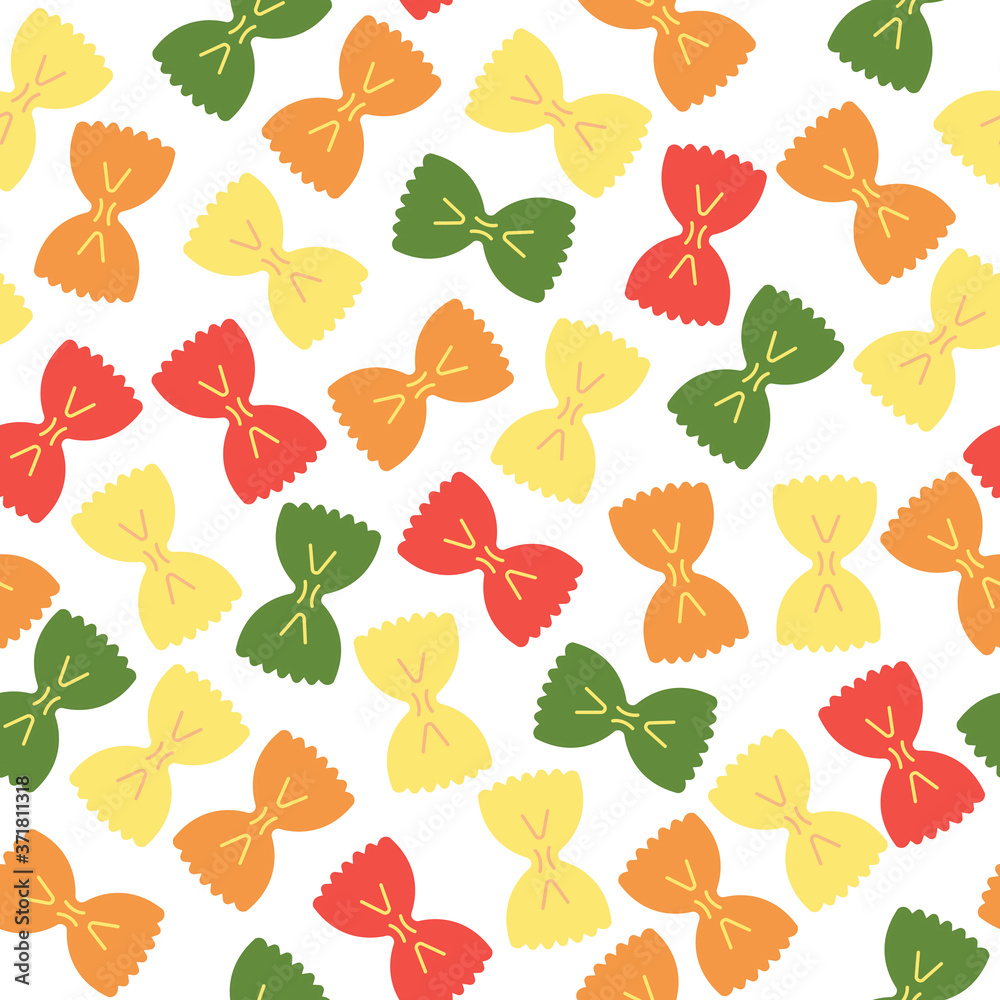 Farfalle seamless pattern with colorful line icons. Italian pasta.