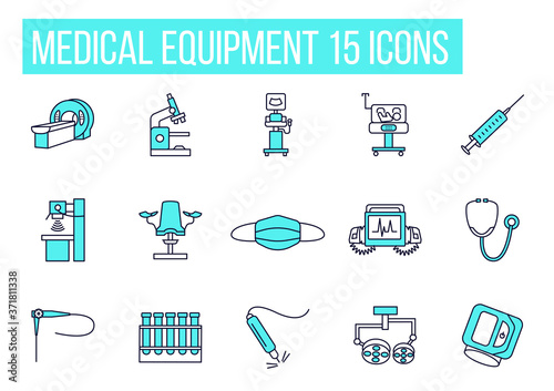 Medical equipment line icons set. Blue color. Vector illustration examination, MRI, x-ray, ultrasound machines, mask, syringe