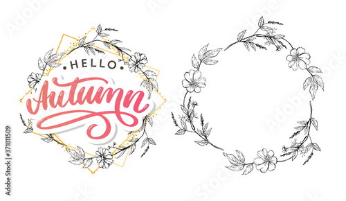 Hello, Autumn. Goodbye, Summer. The trend calligraphy. Vector illustration on the background of autumn leaves. Concept autumn advertising.