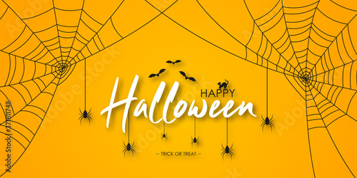 Happy Halloween banner or party invitation. Halloween lettering with spiders, spider web, bat and cat at orange background with shadow. Vector illustration.