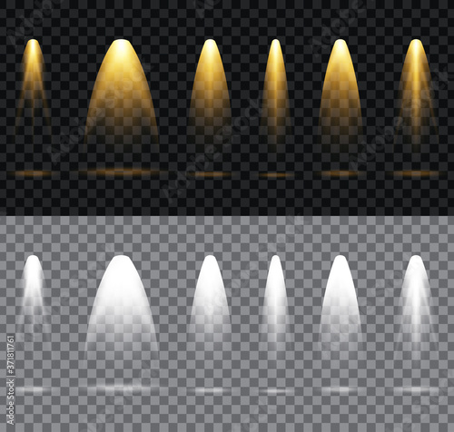 Set of spotlight. Scene illumination collection isolated on transparent background. Scene spotlights. Vector transparent light effects with rays and beams.
