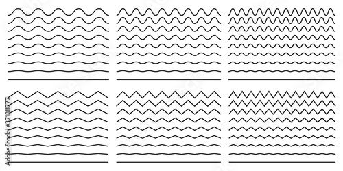 Seamless wavy line and zigzag patterns set. Horizontal curvy waves stripe and zig zags. Collection of underlines, linear sings, border and frames design element. Vector illustration.