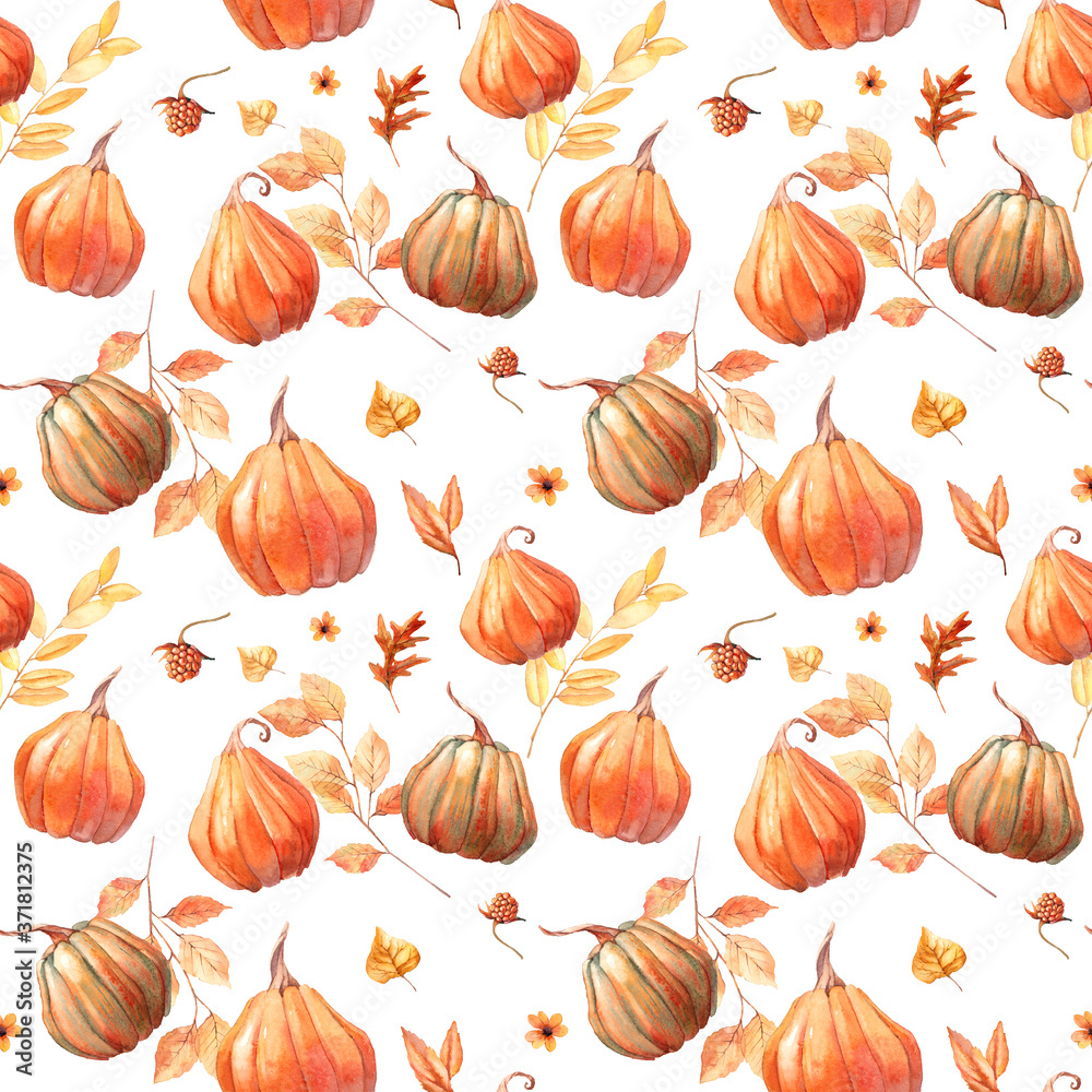Fototapeta premium Watercolor pumpkins seamless pattern. Autumn wallpaper with hand painted pumpkins and plants on white background