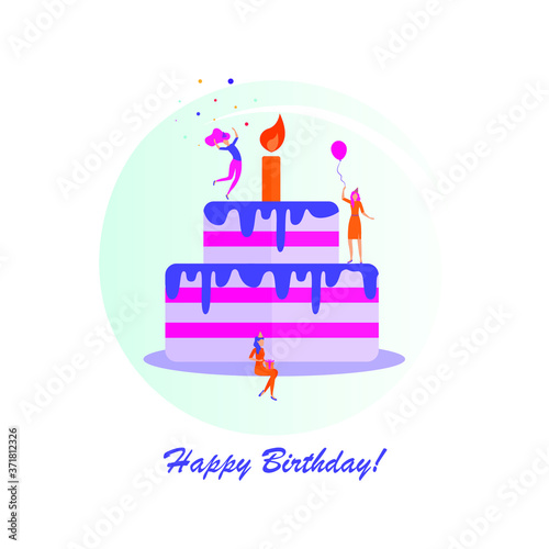 Tiny flat people celebrating birthday on the big birthday cake, vector illustration